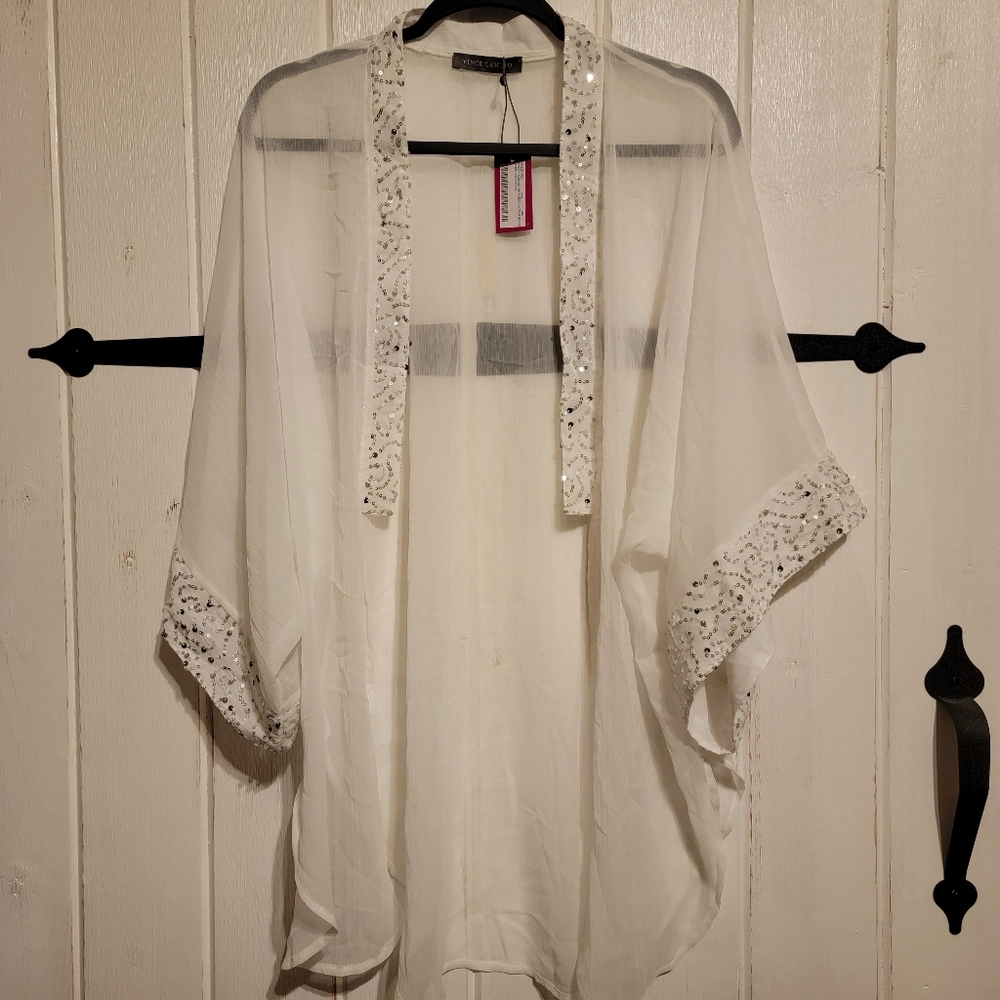 Vince Camuto Womens Coverup White Sheer Kimono Sequin Trim One Size